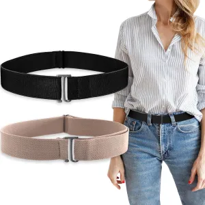 2Pcs No Show Stretch Belt for Women Invisible Elastic Belt Stretch, Adjustable Strap Belt with Flat Buckle for Jeans Pants Dresses