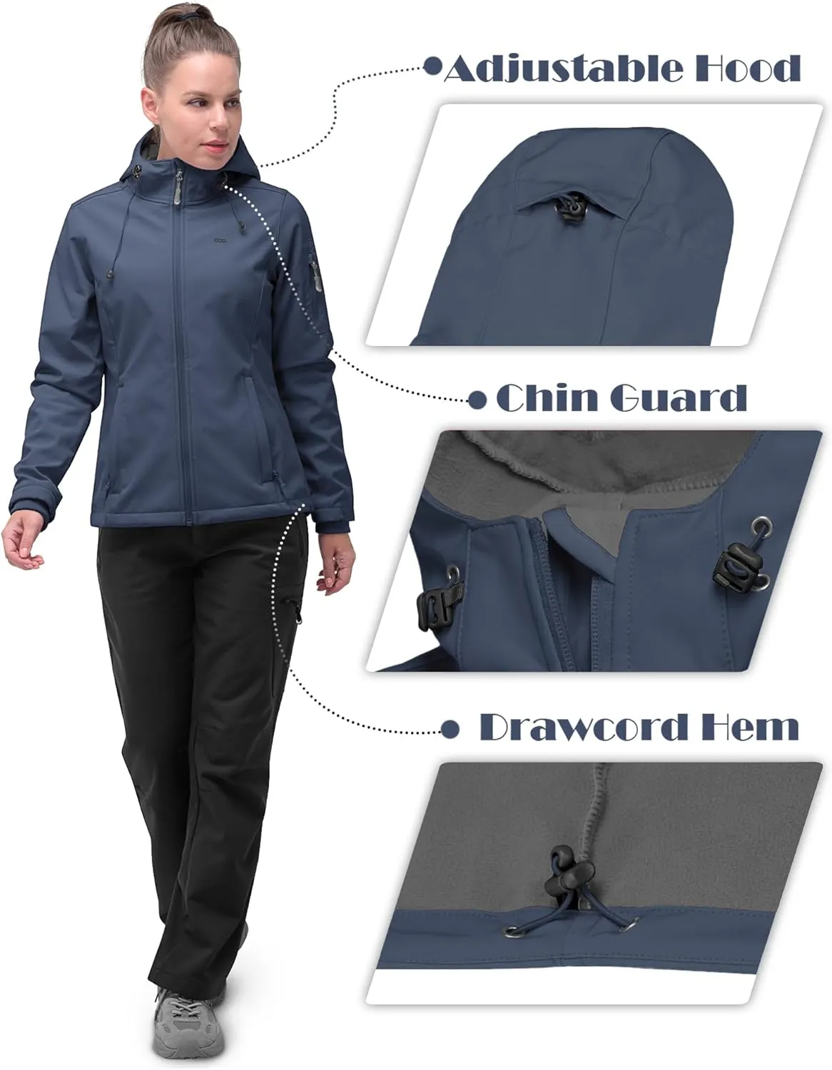 33,000ft Women's Softshell Jacket, Fleece Lined Warm Jacket Light Hooded Windproof Coat for Outdoor Hiking