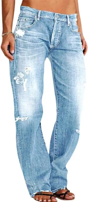 Akivide Women's Baggy Wide Leg Jeans Ripped Causal Loose Fit Boyfriend Distressed Straight Leg Denim Pants