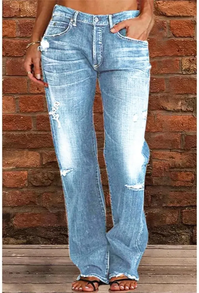 Akivide Women's Baggy Wide Leg Jeans Ripped Causal Loose Fit Boyfriend Distressed Straight Leg Denim Pants