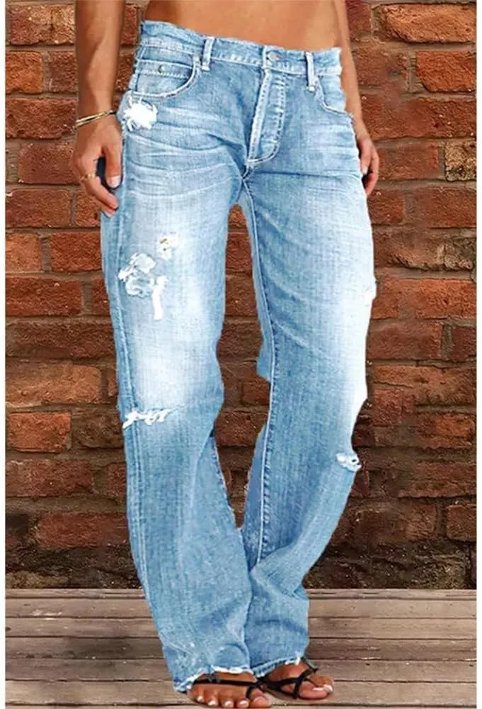Akivide Women's Baggy Wide Leg Jeans Ripped Causal Loose Fit Boyfriend Distressed Straight Leg Denim Pants
