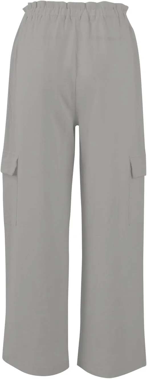 Cargo Linen Pants for Women Summer Wide Leg Palazzo Pants Casual Drawstring Elastic Waist Beach Trousers with Pockets