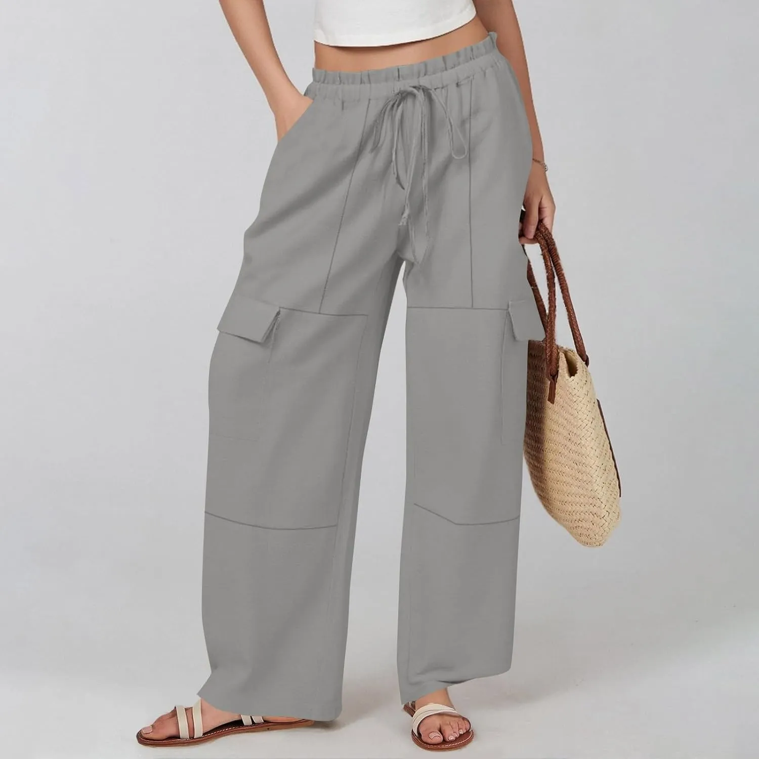 Cargo Linen Pants for Women Summer Wide Leg Palazzo Pants Casual Drawstring Elastic Waist Beach Trousers with Pockets