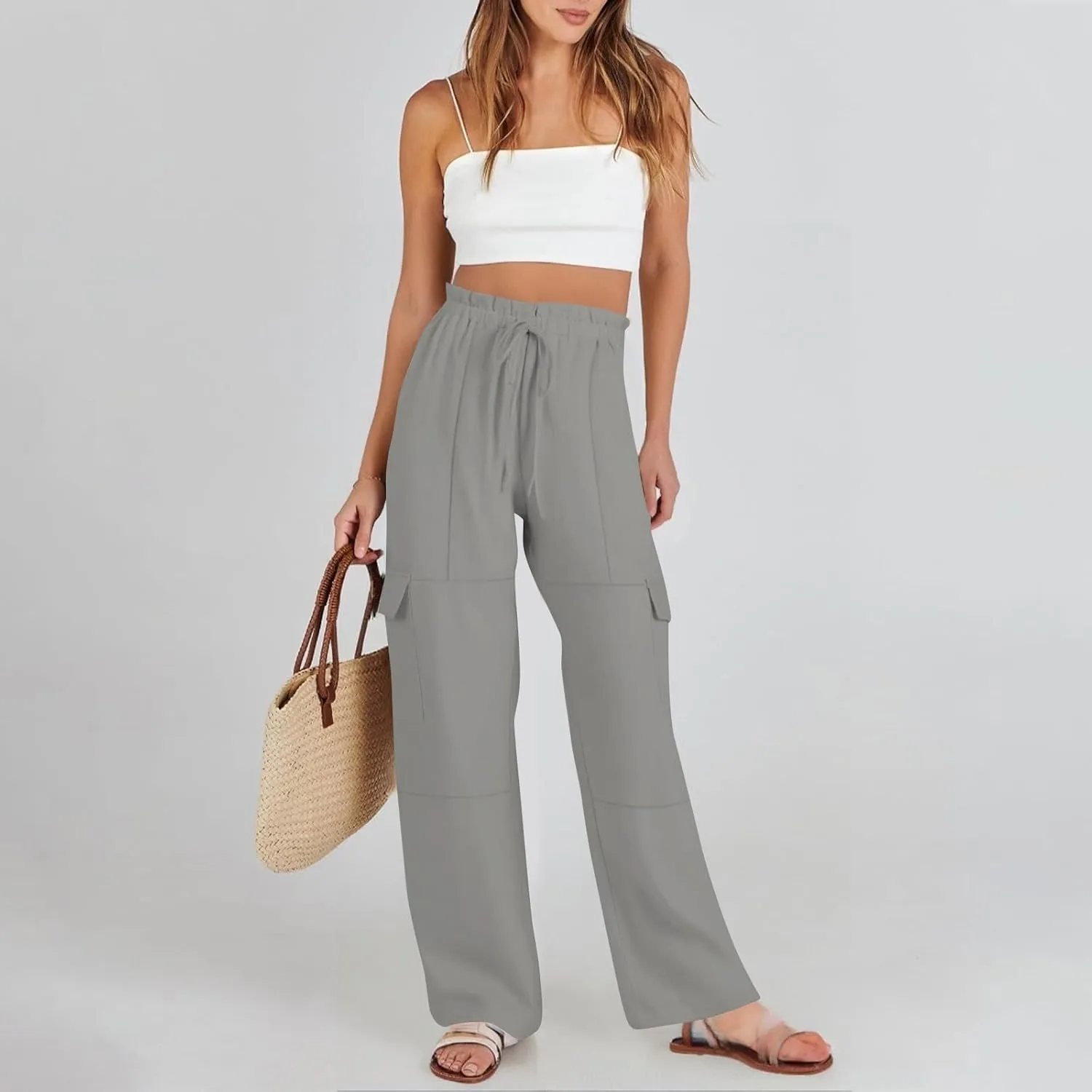 Cargo Linen Pants for Women Summer Wide Leg Palazzo Pants Casual Drawstring Elastic Waist Beach Trousers with Pockets