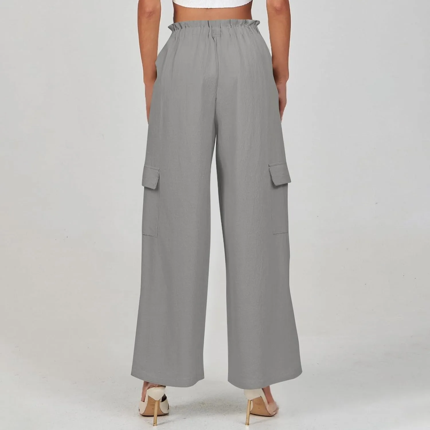 Cargo Linen Pants for Women Summer Wide Leg Palazzo Pants Casual Drawstring Elastic Waist Beach Trousers with Pockets
