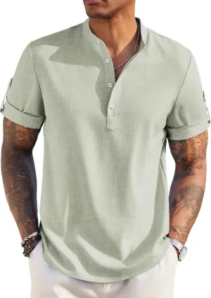 COOFANDY Men's Casual Henley Shirt Short Sleeve Band Collar Linen Shirt Summer Beach Hippie T-Shirts COOFANDY Men's Casual Henley Shirt Short Sleeve Band Collar Linen Shirt Summer Beach Hippie T-Shirts