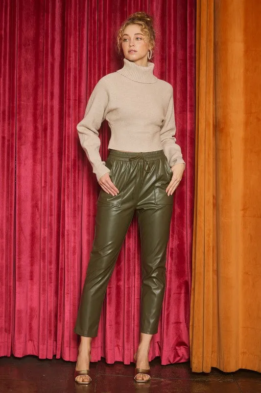 Dark Olive Vegan Leather Jogger Pants