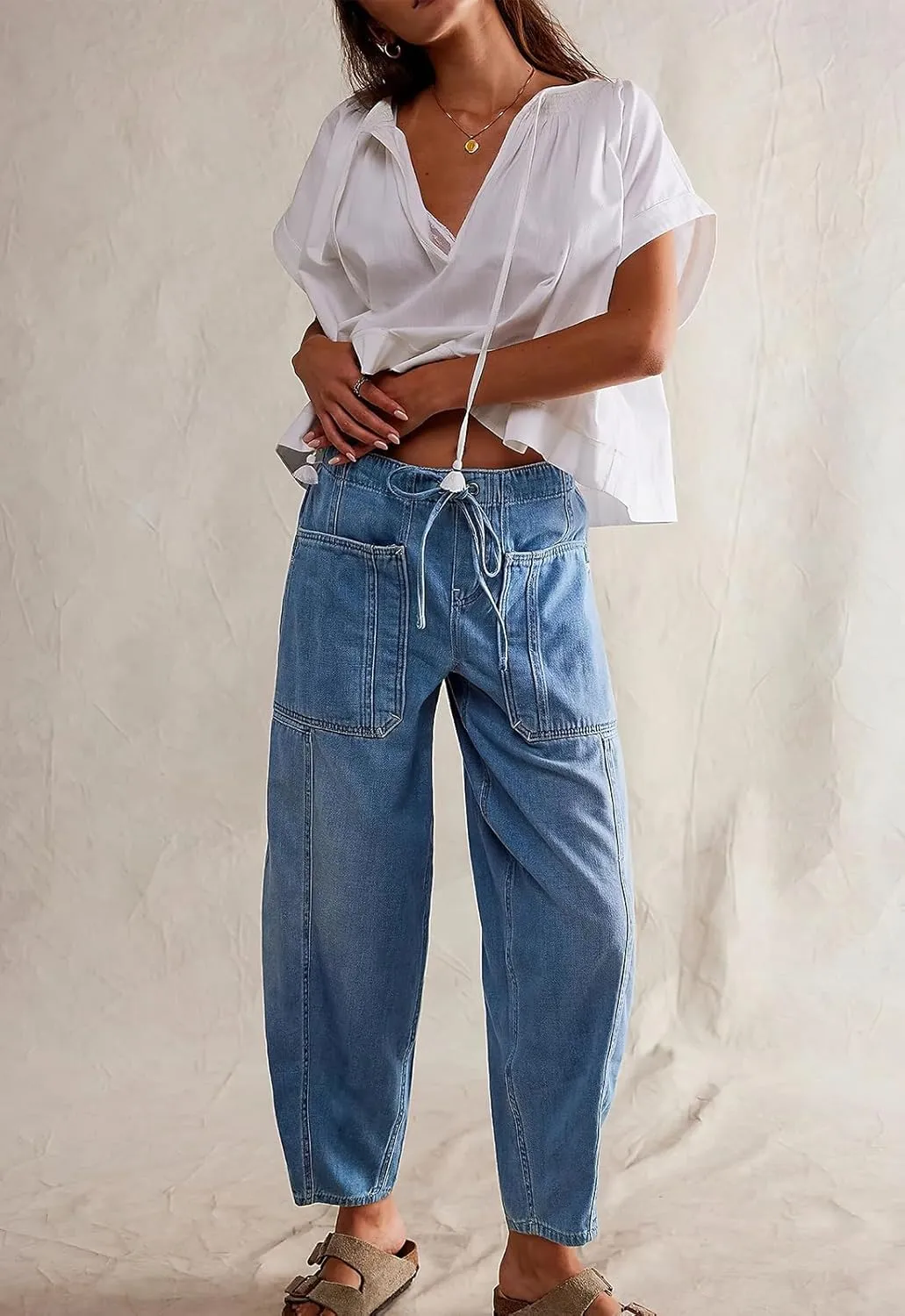 ebossy Barrel Jeans for Women Elastic Waist Baggy Loose Boyfriend Cropped Denim Pants with Drawstring