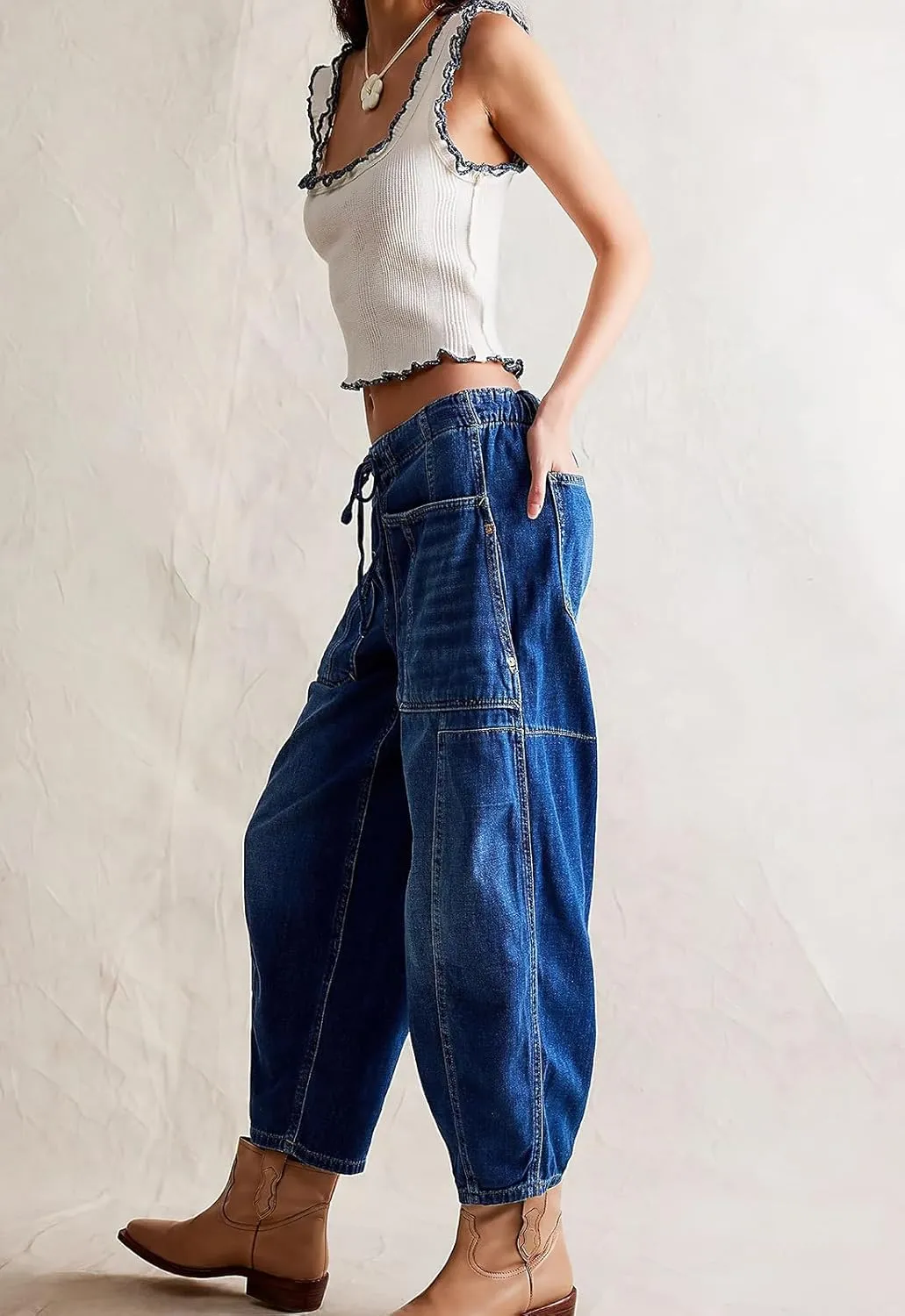 ebossy Barrel Jeans for Women Elastic Waist Baggy Loose Boyfriend Cropped Denim Pants with Drawstring