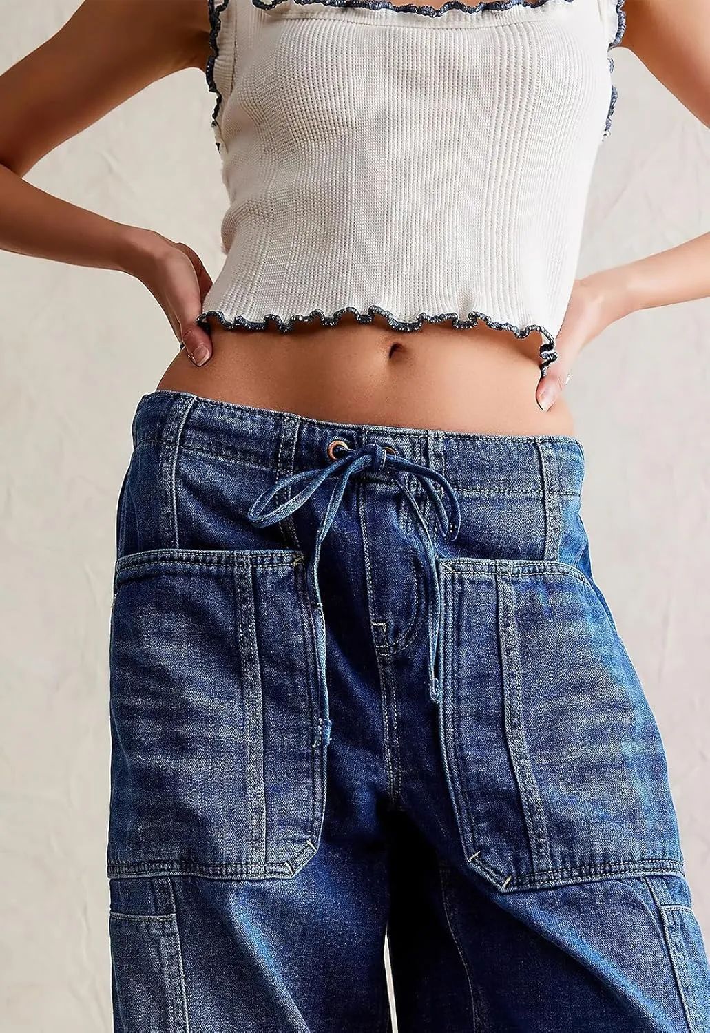 ebossy Barrel Jeans for Women Elastic Waist Baggy Loose Boyfriend Cropped Denim Pants with Drawstring