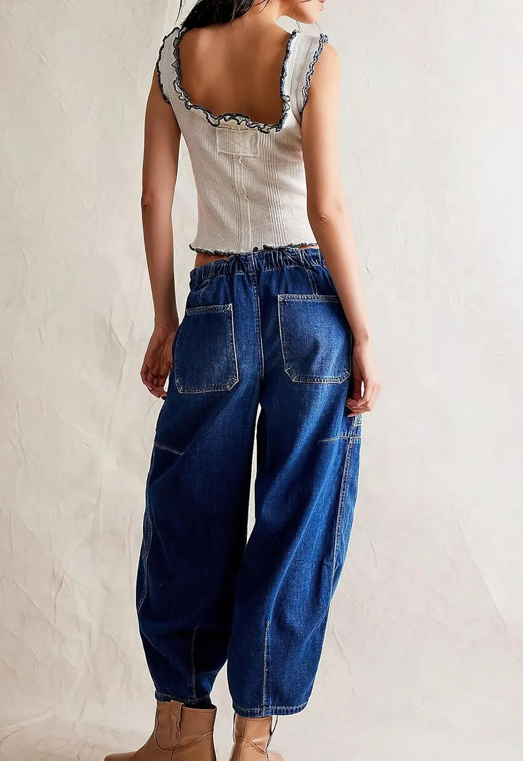 ebossy Barrel Jeans for Women Elastic Waist Baggy Loose Boyfriend Cropped Denim Pants with Drawstring