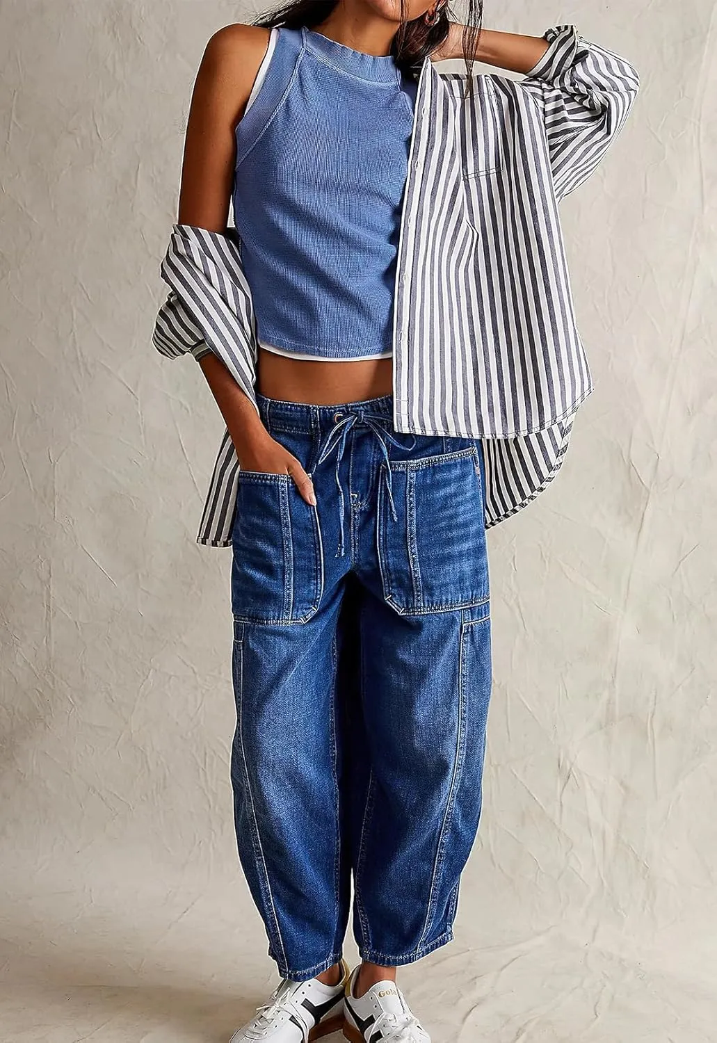 ebossy Barrel Jeans for Women Elastic Waist Baggy Loose Boyfriend Cropped Denim Pants with Drawstring
