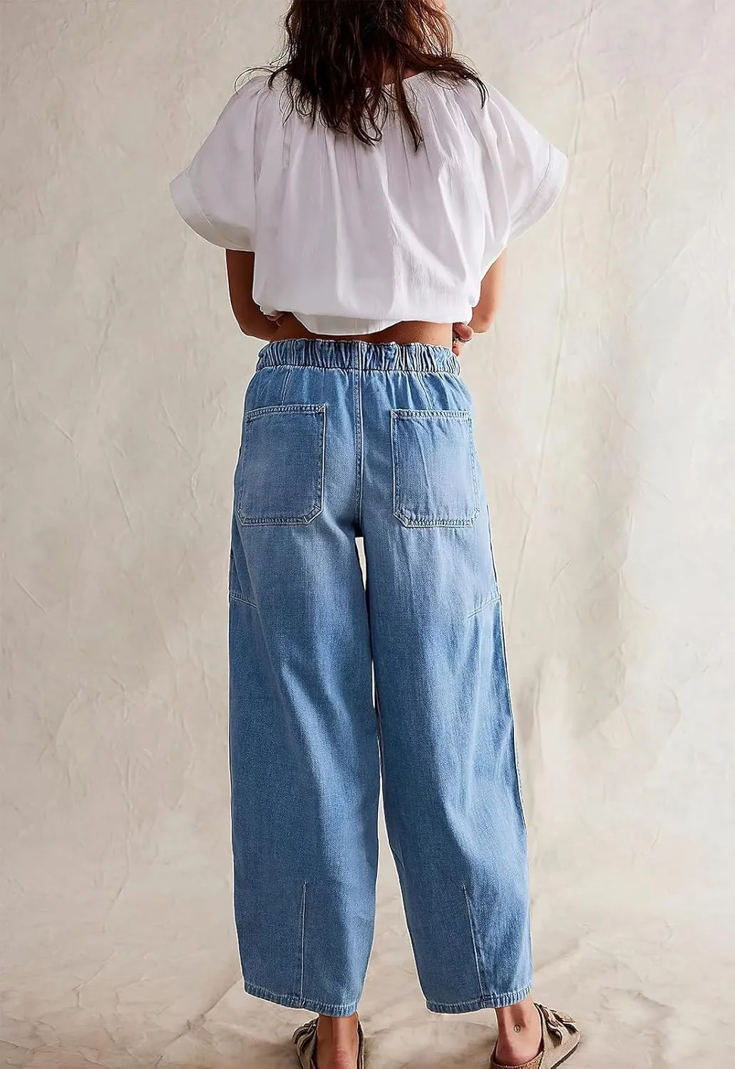ebossy Barrel Jeans for Women Elastic Waist Baggy Loose Boyfriend Cropped Denim Pants with Drawstring