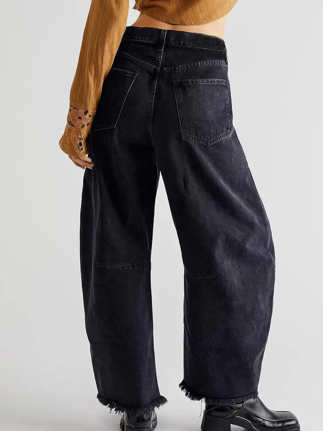ebossy Barrel Jeans for Women Ripped Distressed High Waist Y2K Wide Leg Frayed Hem Denim Pant Harem Trousers