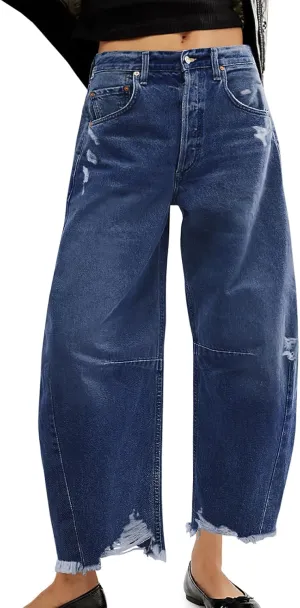 ebossy Barrel Jeans for Women Ripped Distressed High Waist Y2K Wide Leg Frayed Hem Denim Pant Harem Trousers
