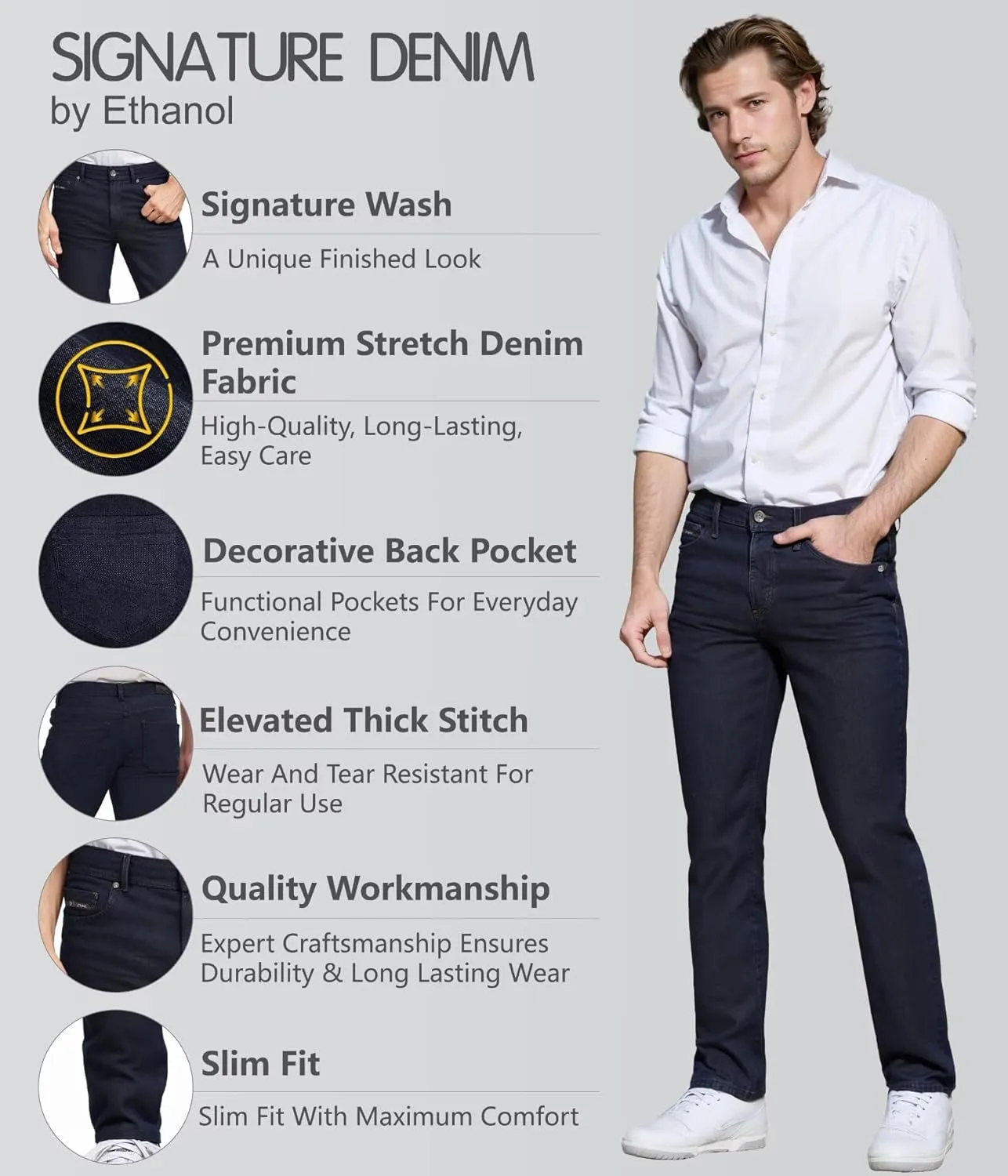 ETHANOL Men's Slim Hyper Stretch Classic Straight Leg Denim Jeans