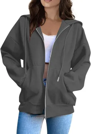 Fashion Hoodies Vintage Zipper Oversized Loose Fit Hoodies Women Long Sleeve Solid Jackets Soft Outdoor Sweatshirt