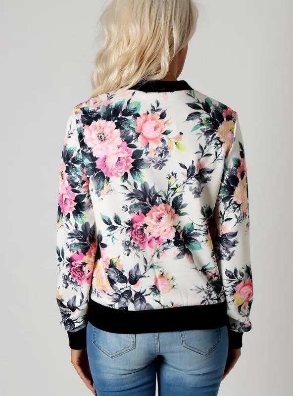 FLOWER PRINT WOMEN BASIC COATS LONG SLEEVE ZIPPER