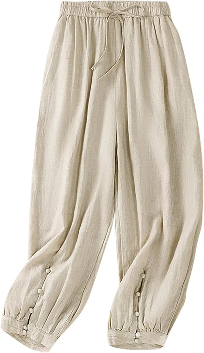 FZYLQY Cotton Linen Pants Women Wide Leg Hight Waisted Palazzo Pants Loose Fit Elastic Waist Summer Dressy Casual Trousers