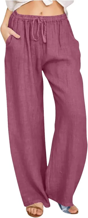 FZYLQY Womens Linen Pants with Pockets Summer Casual High Waisted Lounge Baggy Wide Leg Pants Beach Vacation Trousers