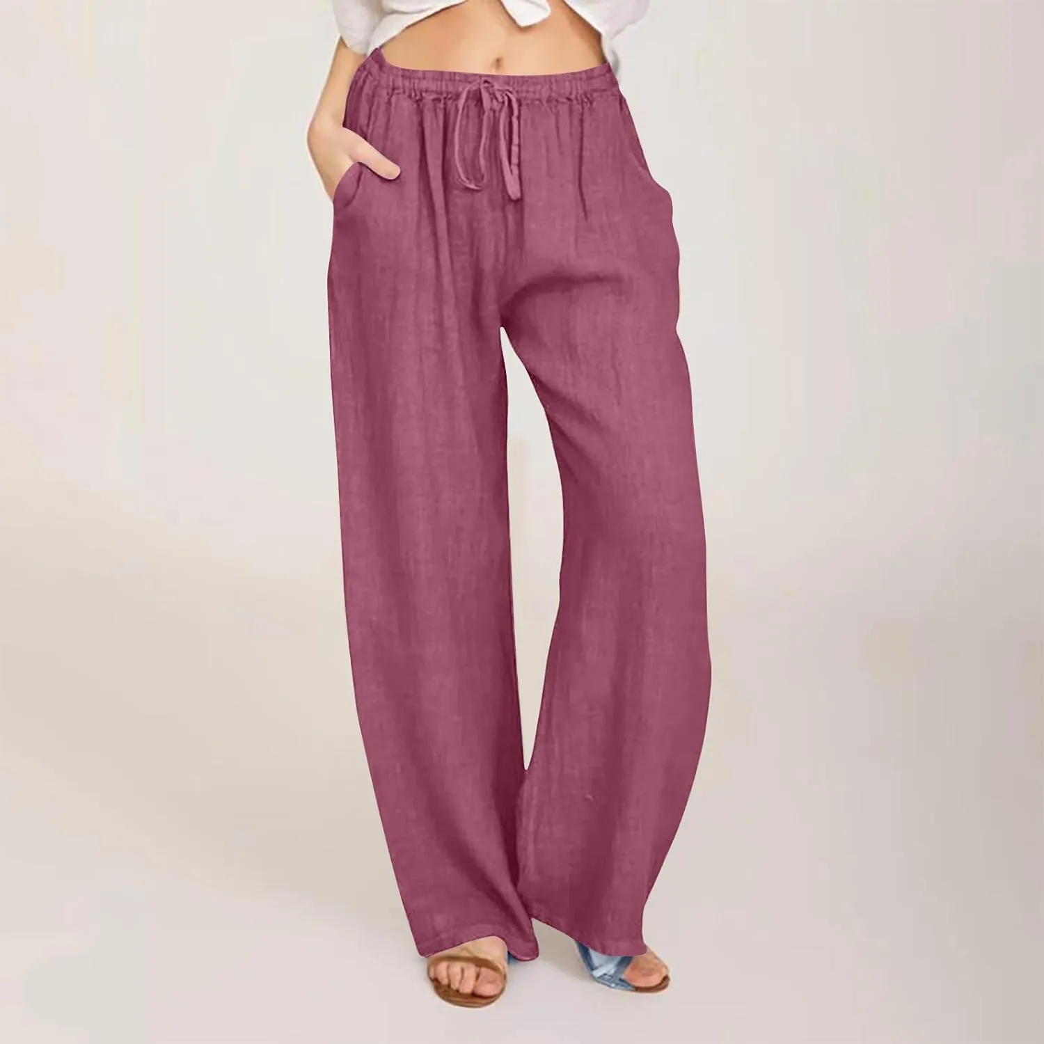 FZYLQY Womens Linen Pants with Pockets Summer Casual High Waisted Lounge Baggy Wide Leg Pants Beach Vacation Trousers
