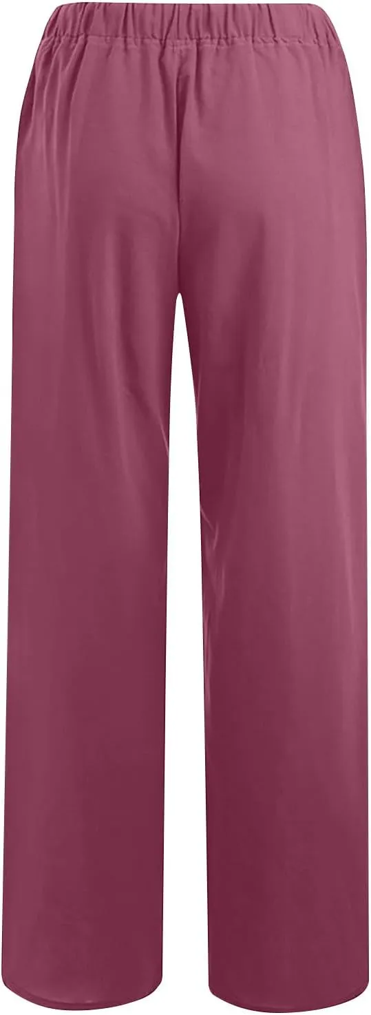 FZYLQY Womens Linen Pants with Pockets Summer Casual High Waisted Lounge Baggy Wide Leg Pants Beach Vacation Trousers