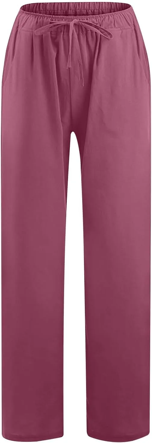 FZYLQY Womens Linen Pants with Pockets Summer Casual High Waisted Lounge Baggy Wide Leg Pants Beach Vacation Trousers