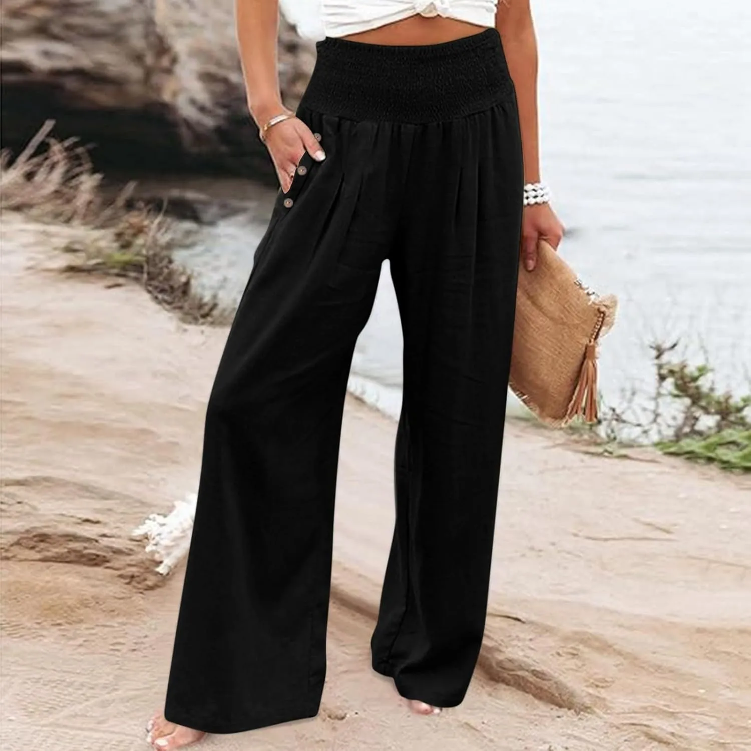 GOKKILRW Women Linen Palazzo Pants Summer Boho Wide Leg Slacks High Waist Flowy Casual Beachwear 2025 Travel Vacation Trouser