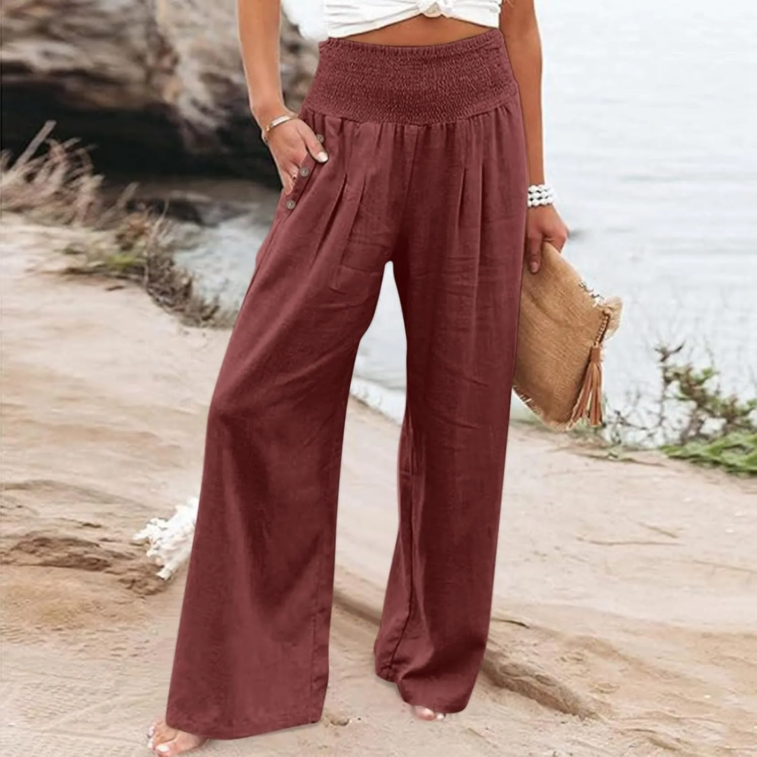 GOKKILRW Women Linen Palazzo Pants Summer Boho Wide Leg Slacks High Waist Flowy Casual Beachwear 2025 Travel Vacation Trouser