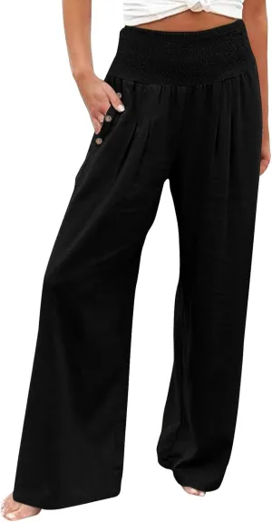 GOKKILRW Women Linen Palazzo Pants Summer Boho Wide Leg Slacks High Waist Flowy Casual Beachwear 2025 Travel Vacation Trouser
