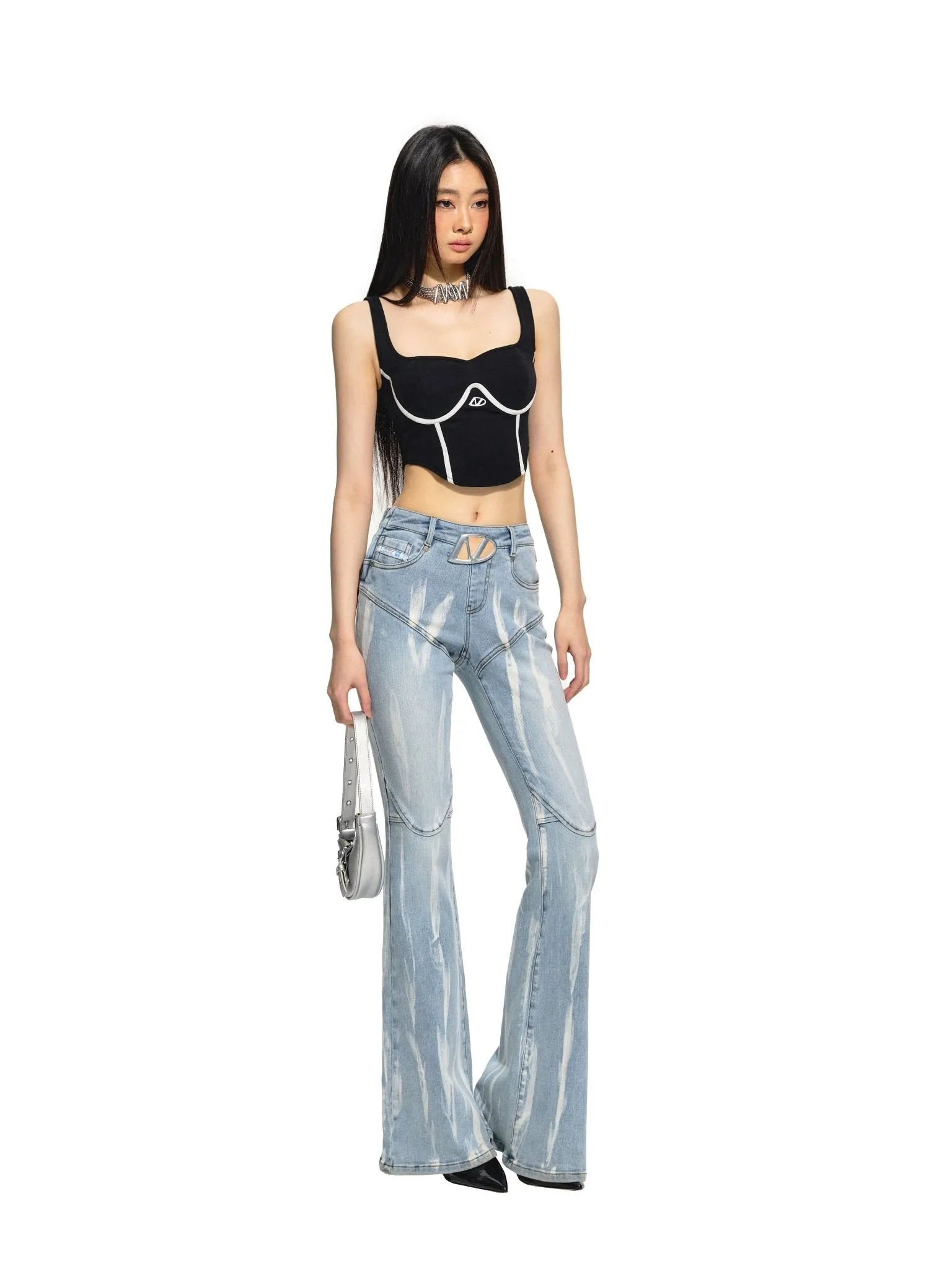 Gradient Tie Flower Hollow Out Slim Fit Jeans
