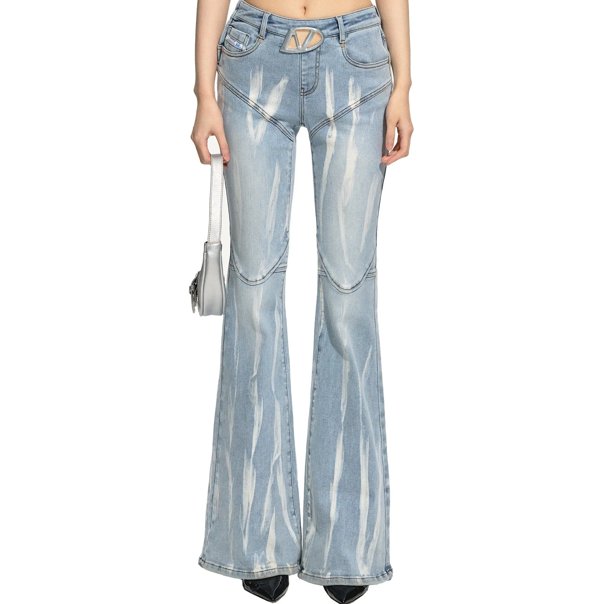 Gradient Tie Flower Hollow Out Slim Fit Jeans