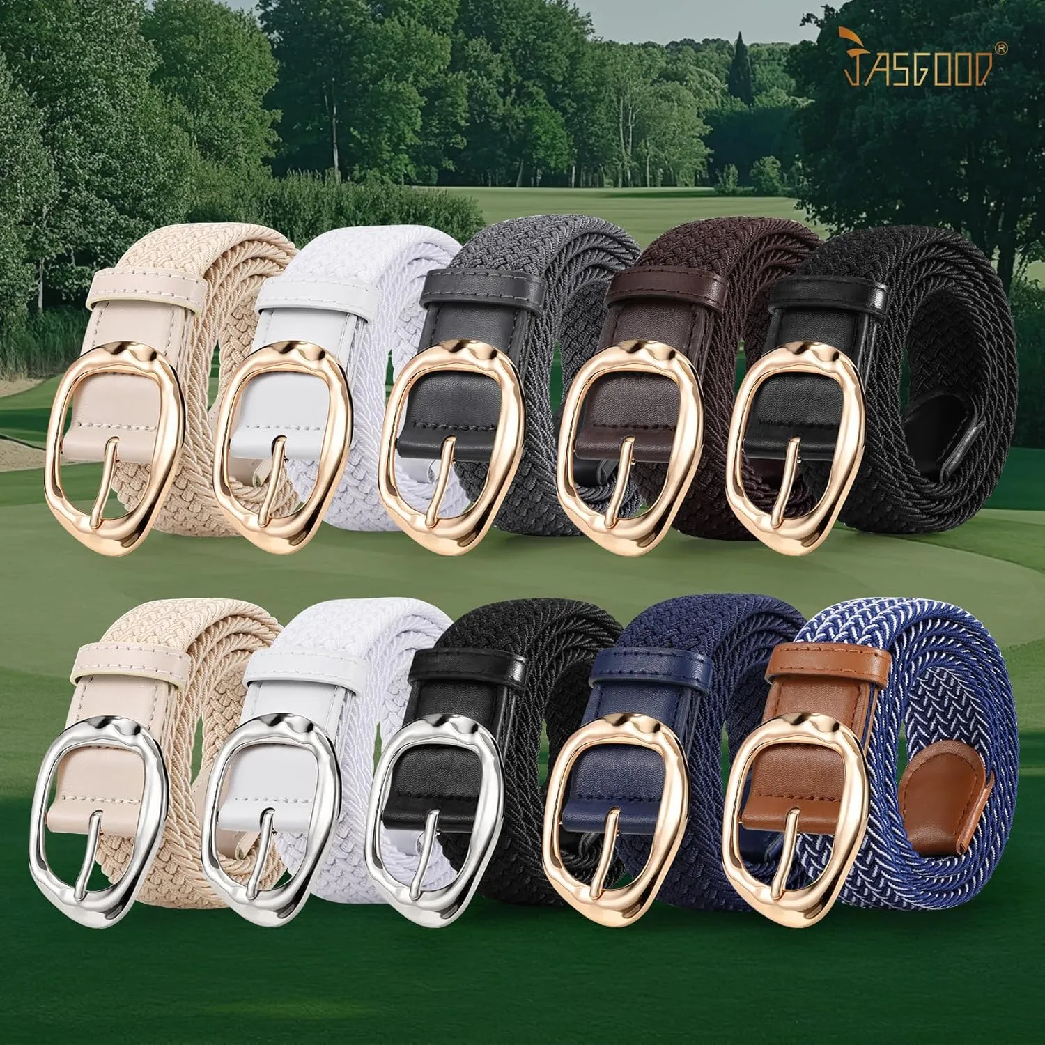 JASGOOD Braided Elastic Belt for Women Stretchy Woven Golf Belt Casual Web Belt for Jeans Pants