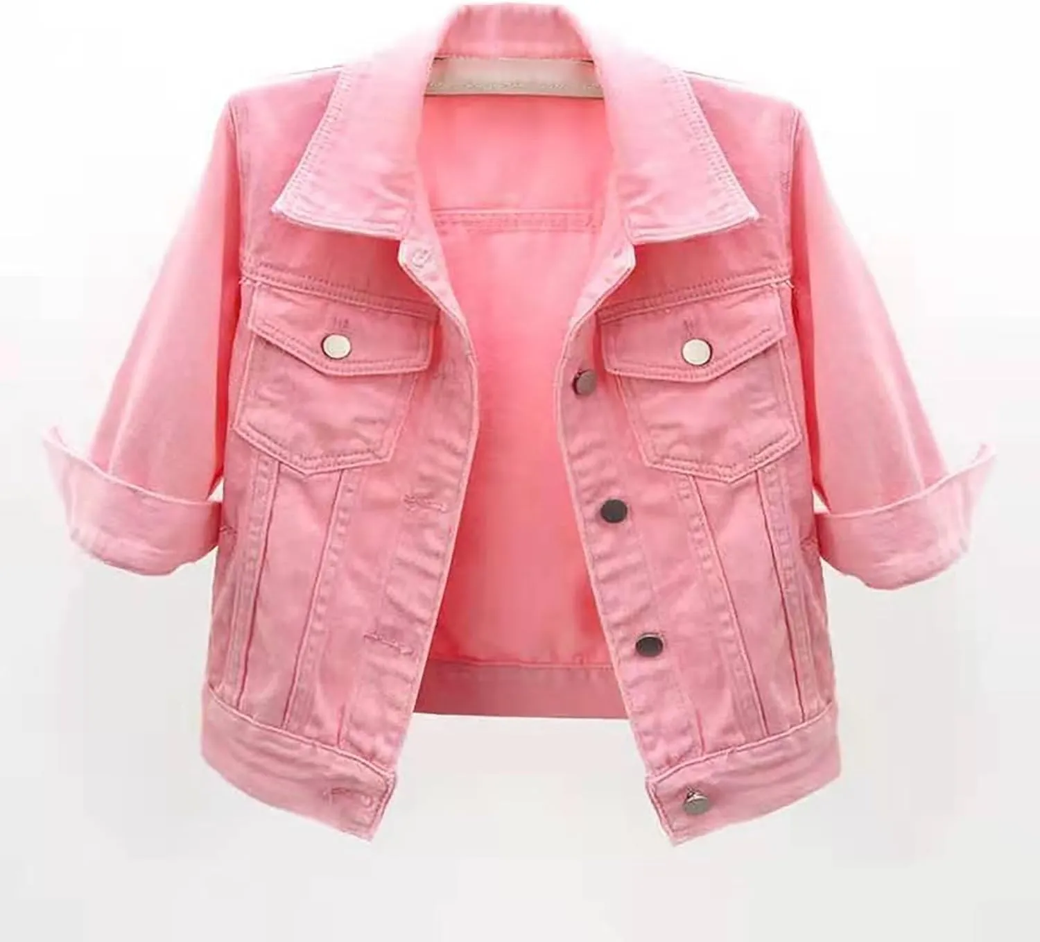 Jean Jacket Women 3/4 Sleeve Colored Cropped Denim Jacket Trendy Light Wash Short Jean Jacket Trucker Coat
