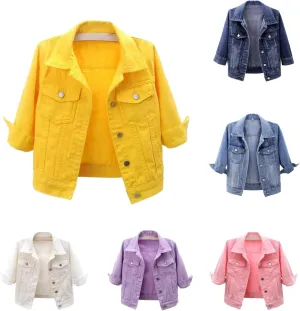Jean Jacket Women 3/4 Sleeve Colored Cropped Denim Jacket Trendy Light Wash Short Jean Jacket Trucker Coat