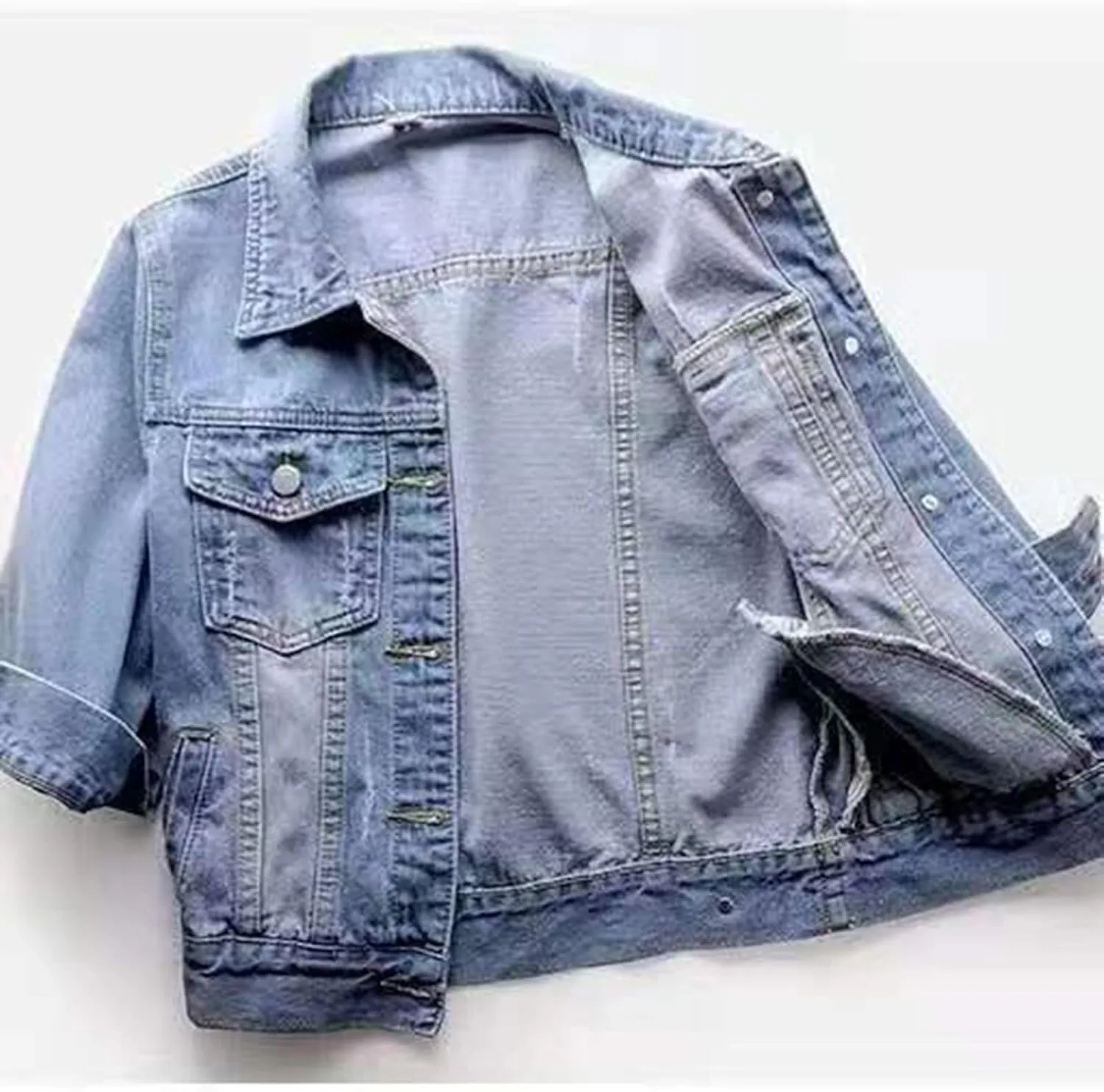 Jean Jacket Women 3/4 Sleeve Colored Cropped Denim Jacket Trendy Light Wash Short Jean Jacket Trucker Coat