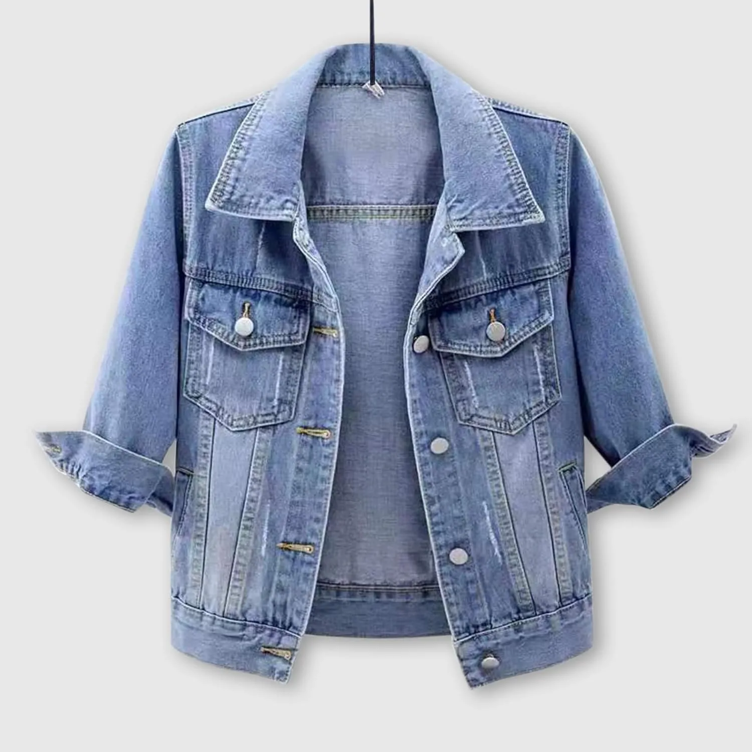 Jean Jacket Women 3/4 Sleeve Colored Cropped Denim Jacket Trendy Light Wash Short Jean Jacket Trucker Coat