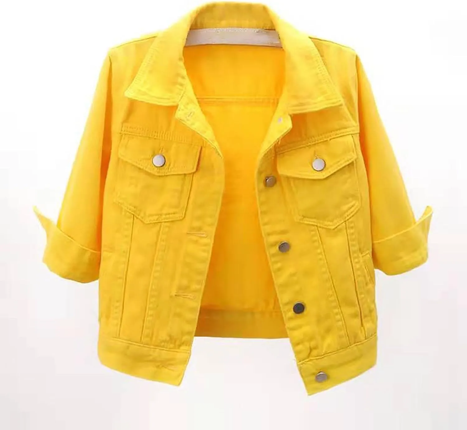 Jean Jacket Women 3/4 Sleeve Colored Cropped Denim Jacket Trendy Light Wash Short Jean Jacket Trucker Coat