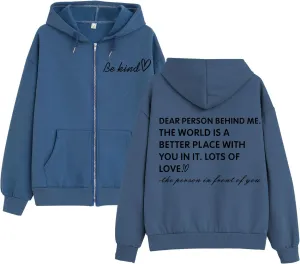 KIEKIECOO Oversized Full Zip Up Hoodies for Women Be Kind Graphic Jacket Light Weight Fall Zipper Sweatshirts Loose Fit