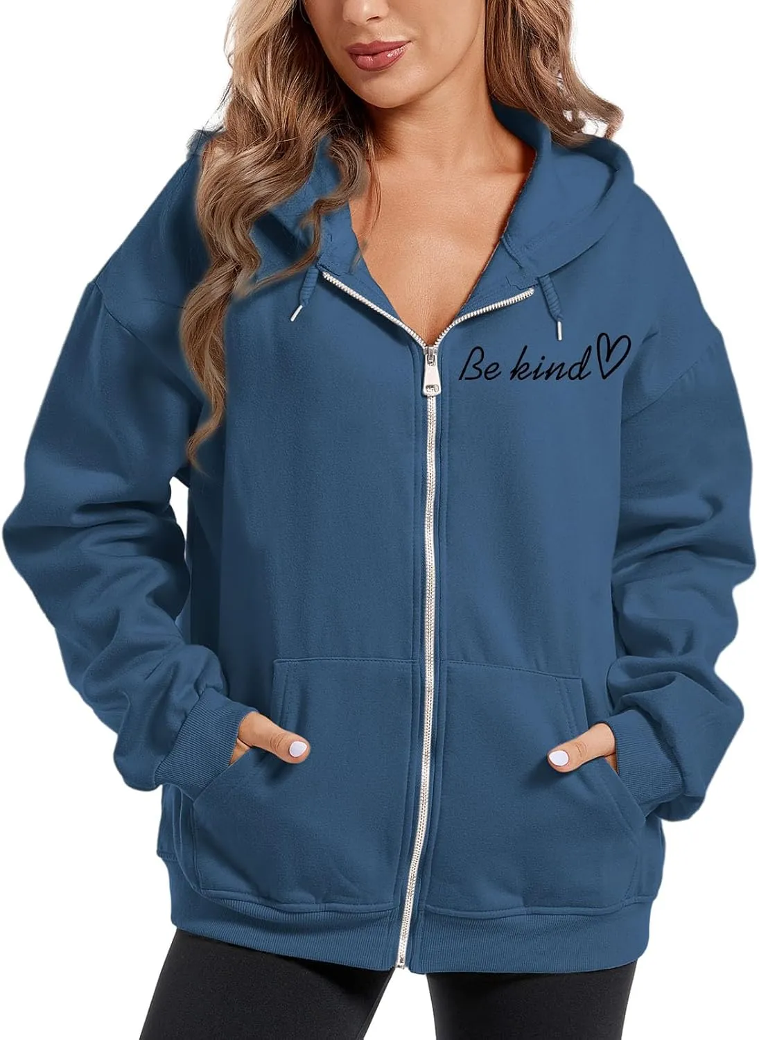 KIEKIECOO Oversized Full Zip Up Hoodies for Women Be Kind Graphic Jacket Light Weight Fall Zipper Sweatshirts Loose Fit