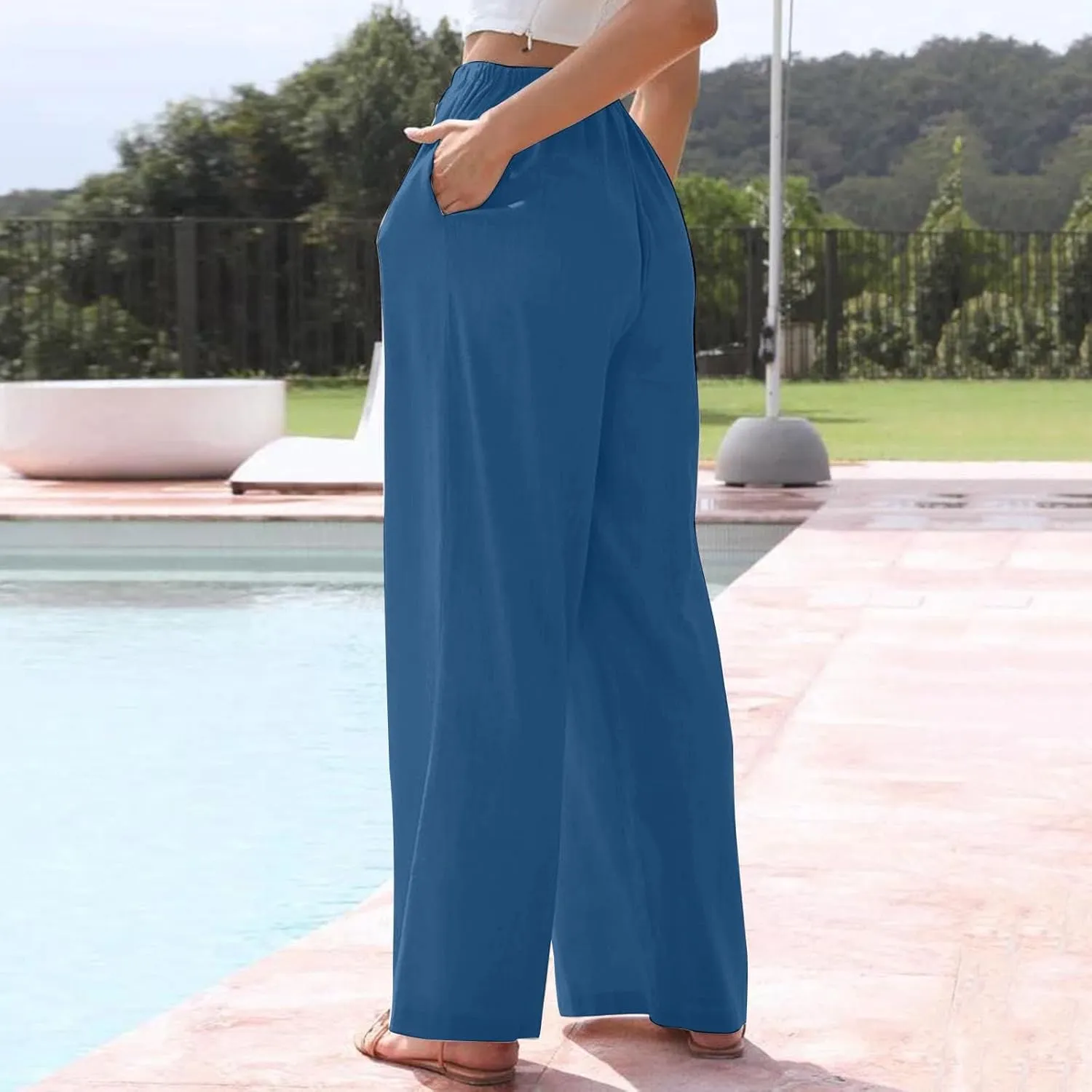 Linen Pants Women Summer Wide Leg Pants Drawstring Elastic Waist Pants High Waisted Pants Casual Beach Trousers