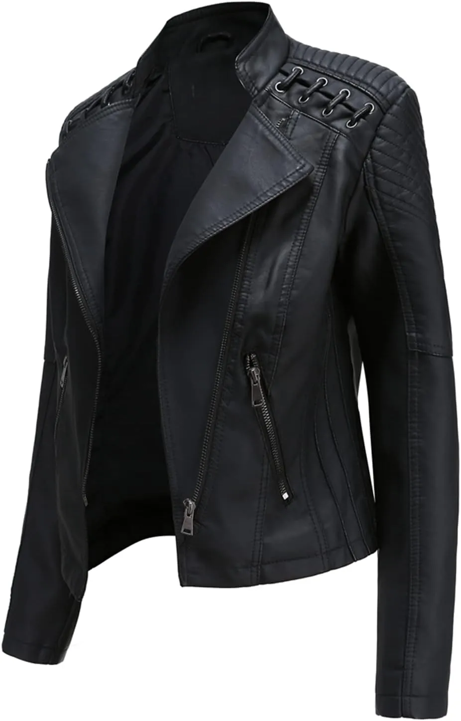 Lu's Chic Women's Motorcycle Jacket Fashion Dressy Vegan Leather Biker Coat Light Slim Fit Crop Blazer Moto Jacket