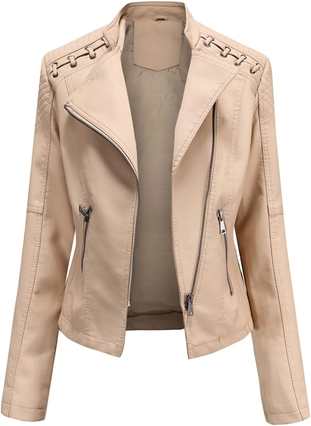 Lu's Chic Women's Motorcycle Jacket Fashion Dressy Vegan Leather Biker Coat Light Slim Fit Crop Blazer Moto Jacket