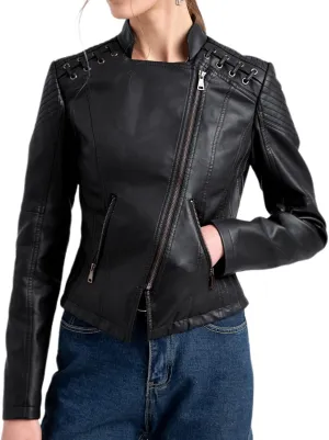 Lu's Chic Women's Motorcycle Jacket Fashion Dressy Vegan Leather Biker Coat Light Slim Fit Crop Blazer Moto Jacket