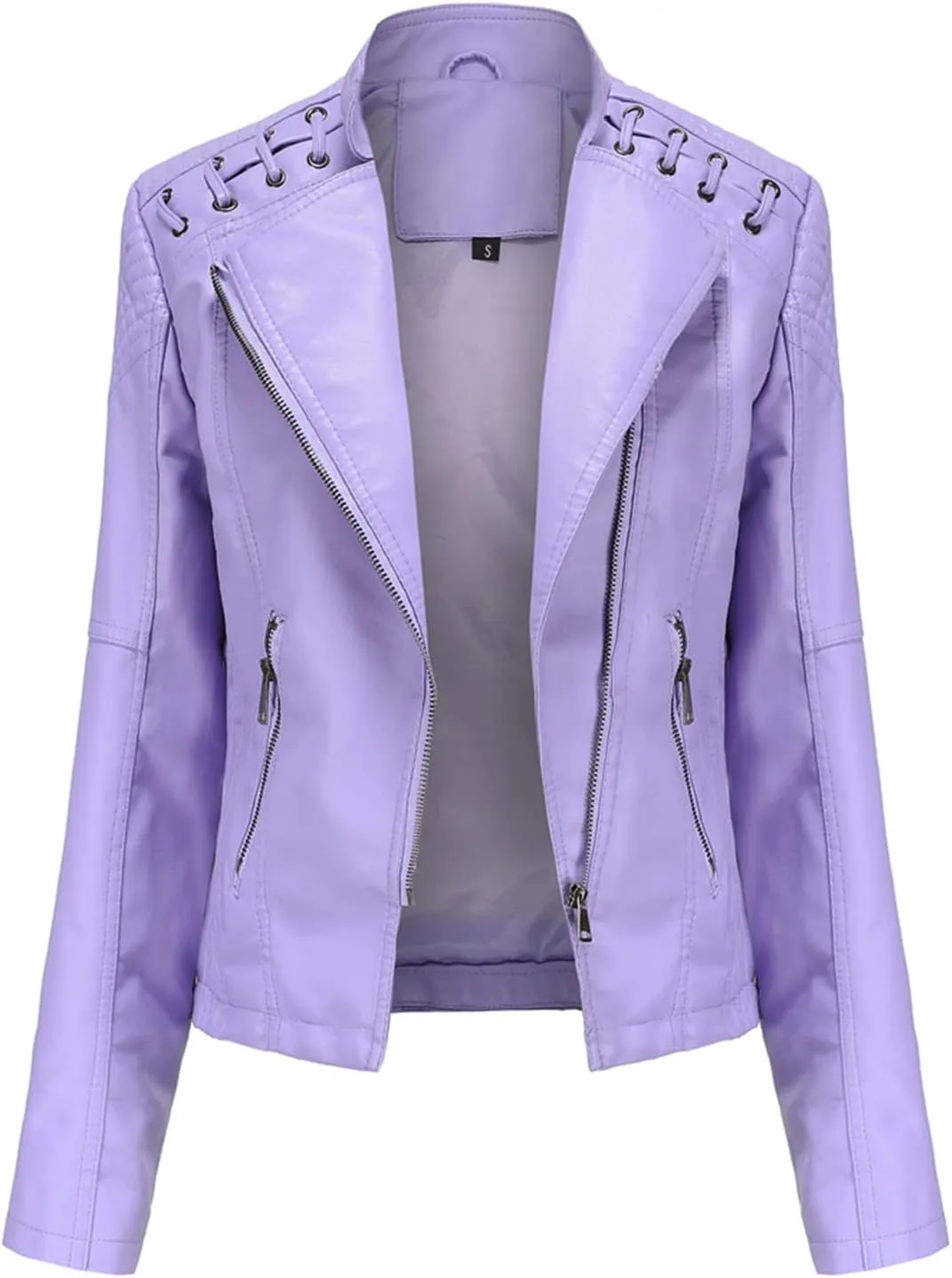 Lu's Chic Women's Motorcycle Jacket Fashion Dressy Vegan Leather Biker Coat Light Slim Fit Crop Blazer Moto Jacket