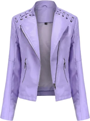 Lu's Chic Women's Motorcycle Jacket Fashion Dressy Vegan Leather Biker Coat Light Slim Fit Crop Blazer Moto Jacket