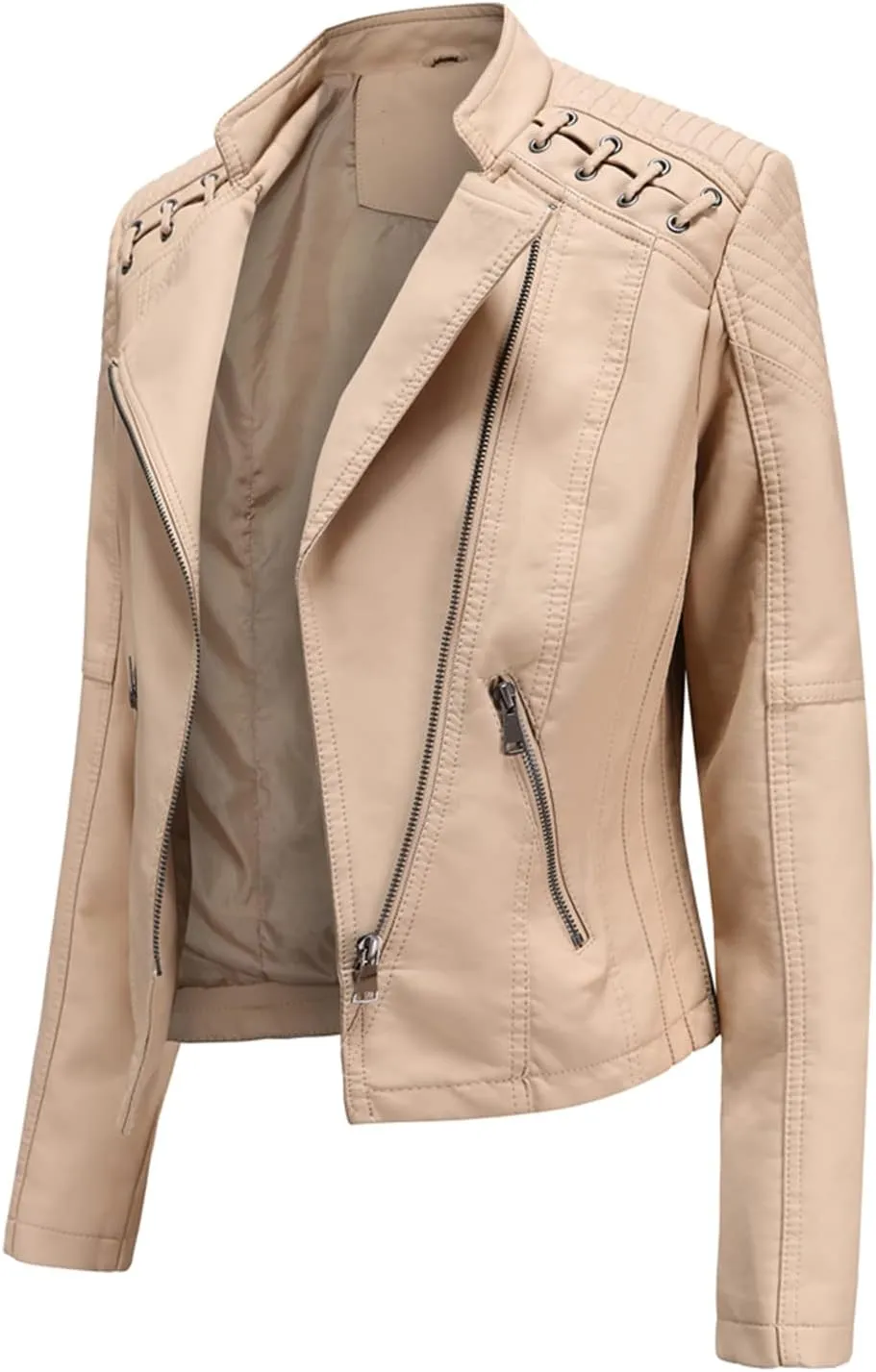 Lu's Chic Women's Motorcycle Jacket Fashion Dressy Vegan Leather Biker Coat Light Slim Fit Crop Blazer Moto Jacket