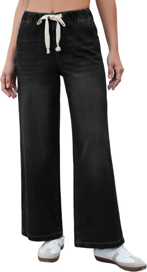 luvamia Wide Leg Jeans Woman High Waisted Trendy Pull On Elastic Waist Drawstring Stretchy Denim Jean Pants with Pockets