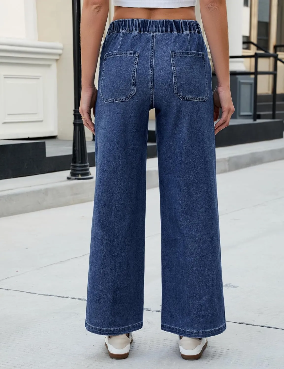 luvamia Wide Leg Jeans Woman High Waisted Trendy Pull On Elastic Waist Drawstring Stretchy Denim Jean Pants with Pockets