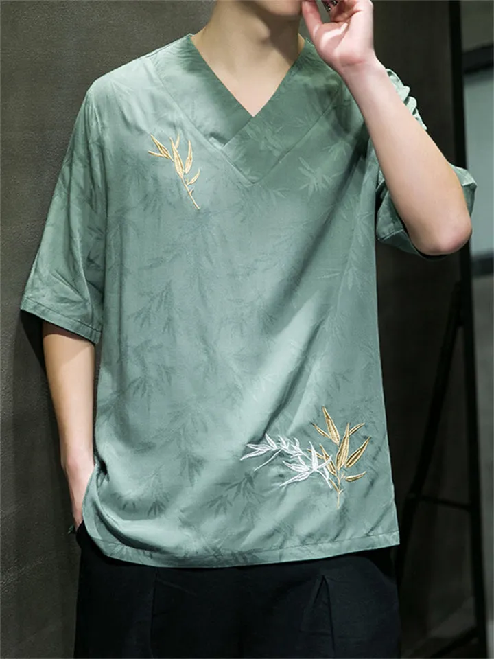 Men's Casual Cozy Smooth Leaf Embroidery Short Sleeve Shirt